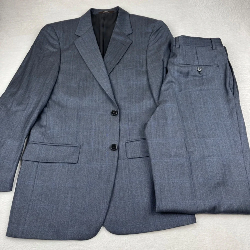 Joseph Abboud Suit Mens 38R W32 Blue Glen Plaid Super 120s Wool 2-Piece Pleated